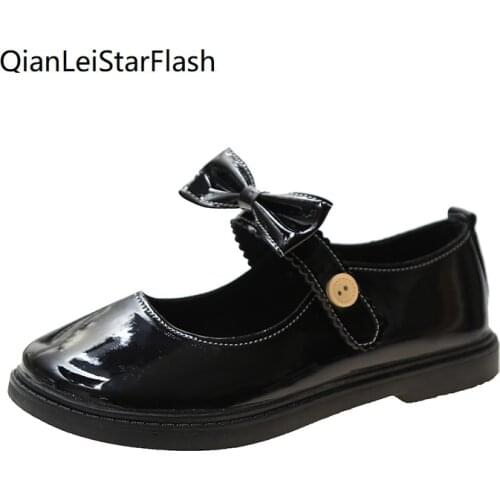 Lolita Shoes Women Mary Janes Shoes Patent Leather Buckle Flats Butterfly Knot Shallow Shoes Female Black zapatos mujer