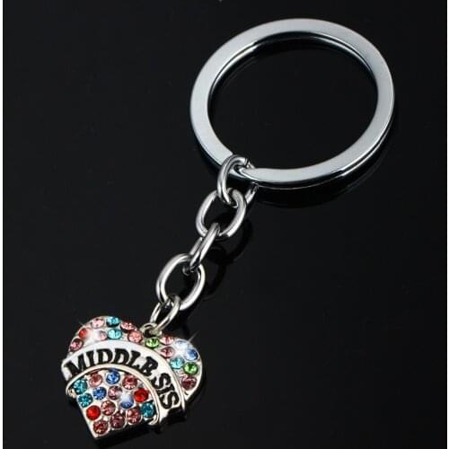 Vintage Colorful Crystal Heart Middle Sis Sister Keyring Rhinestone Statement Jewelry Family Women Girl Gift Key Chains For Bag