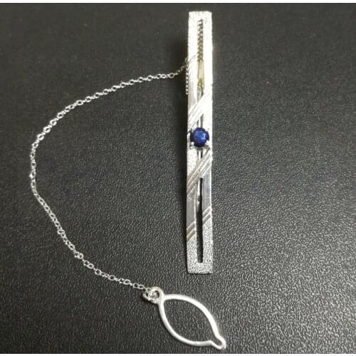 Natural real sapphire tie clip Free shipping 925 sterling silver Men jewelry Fine blue gems 0.65CT gemstone C911251