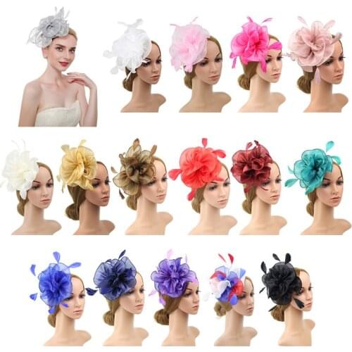 16 Color Women Large Ruffles Flower Fascinator Hat Vintage Solid Color Multi Feather Tea Party Duckbill Hair Clip