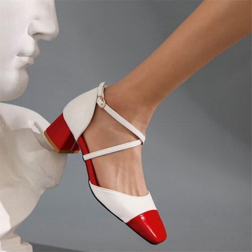 PXELENA Fashion Cross Strap Buckle Med Heel Sandals Women Patent Leather Contrast Color Square Toe Daily Office Lady Shoes 34-45