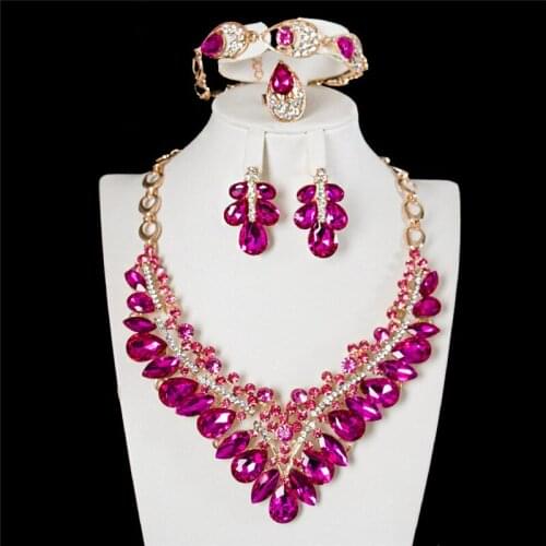 Women Short Collar Necklaces Jewelry Set Crystal Leaves Flowers Rhinestone Statement Necklace Earrings Bracelet Ring Jewelry Set