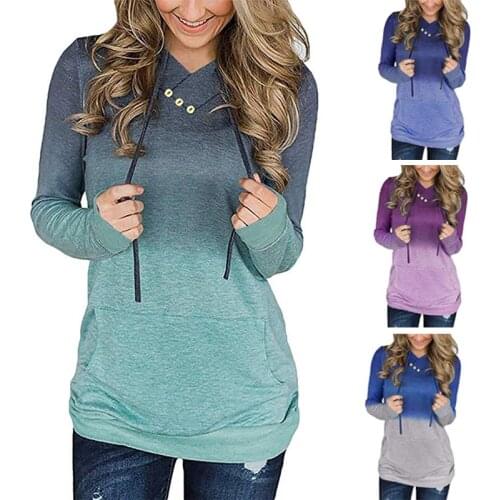 Women Autumn Winter Hoodies Long Sleeve Hoody Ladies Button Pocket Patchwork Hooded Sweatshirt Female Outwear