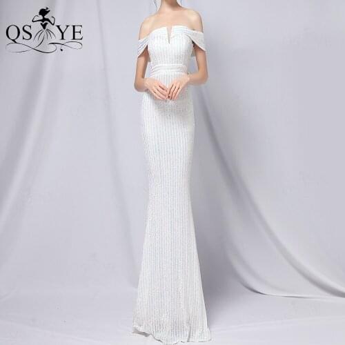 Off Shoulder White Prom Dress Long Twill Sequin Evening Gown Side Sleeves Formal Party Dress Triangle V Net Mermaid Women Gown