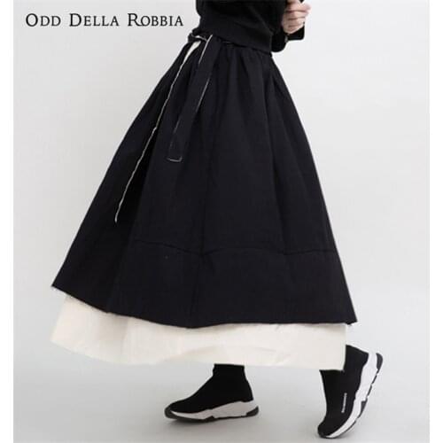 OddDellaRobbia 2021 Winter New Japanese Mid-Length Skirt Niche Yamamoto Dark Black Double Layer Frayed Irregular Skirt 1261