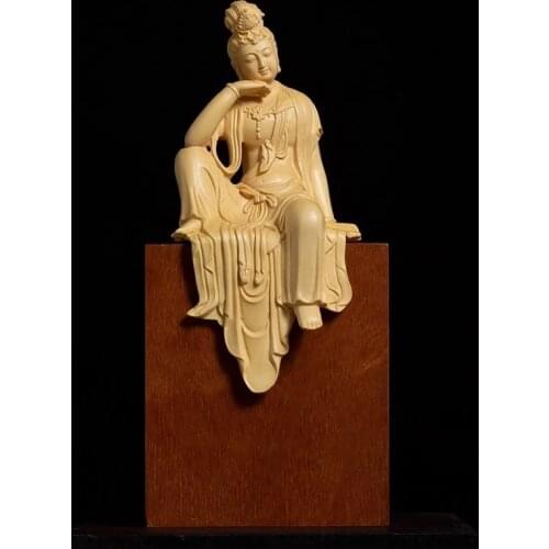 13cm Guanyin Bodhisattva Boxwood Carving Buddha Statue Home Decoration Crafts Solid Wood Sculpture Accessories