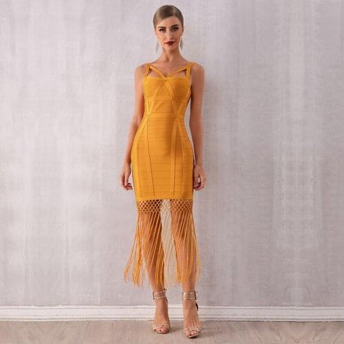 2021 Summer Fringe Dress Spaghetti Strap Sleeveless Midi Vestidos With Tassel Women Clubwear Party Slim Dresses Yellow Red
