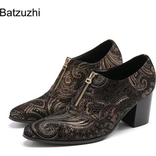 Batzuzhi Luxury Handmade Mens Boots Pointed Toe Zip Decoration Fashion Black Genuine Leather Ankle Boots Men 7.5cm High Heels