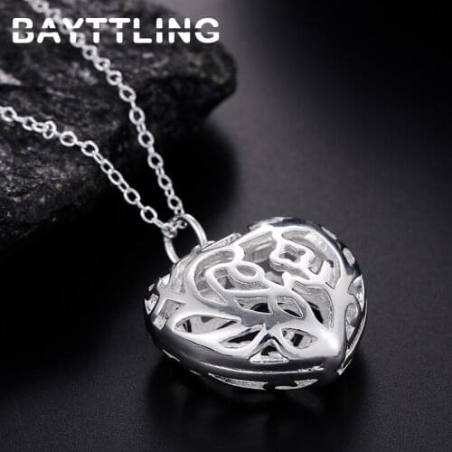 BAYTTLING 925 Sterling Silver 18-inch Link Chain Hollow Heart Pendant Necklace For Woman Fashion Wedding Jewelry Charm Gift