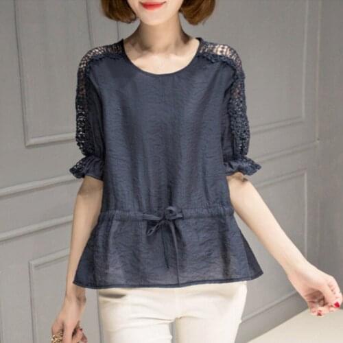 Summer 2018 Women Female Yellow White Loose Bow Sash Embroidery Hollow Out Blouse , Reffle Short Sleeve Blouses Shirt For Woman