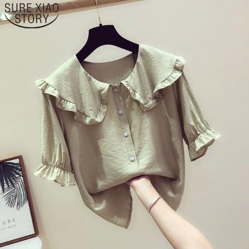 New Fashion Slim Short Sleeve Women Clothing Blouses 2021 Summer Doll Collar Button Solid Casual Woman Tops Clothes 5164 50