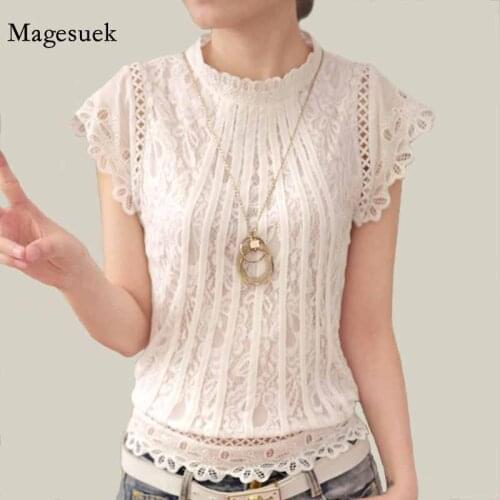 2021 Short Sleeve Tops Patchwork Crochet Women Shirt Stand Collar Elegant Women Ladies White Lace Blouse Plus Size Blusa 01C