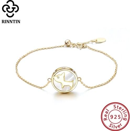 Rinntin 925 Sterling Silver Bracelet Cute Puppy Design Mother of Pearl Double Layer 14K Gold Plated Color Chain For Women TEQB10