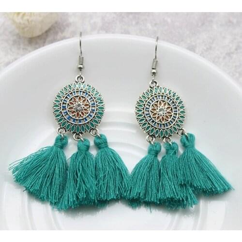 Ethnic Bohemia Circular sun flower pattern Tassels Earrings 6 Colors Silk thread Long Tassel Drop Earrings Boho Aretes kolczyki