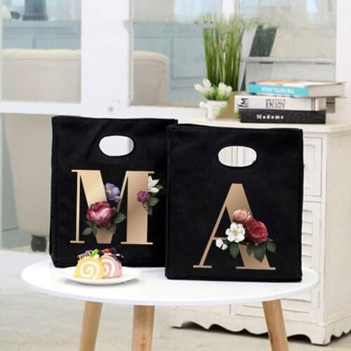 26 Initial Letter Print Functional Pattern Cooler Lunch Bag Portable Insulated Bento Box Tote Thermal Food Picnic Storage Pouch