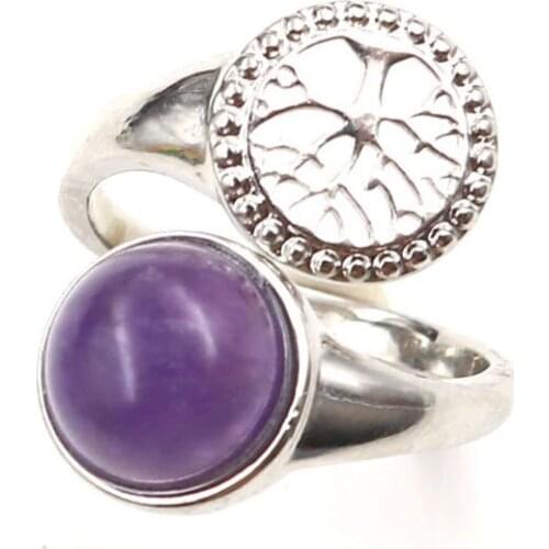 FYSL Silver Plated Tree of Life Connect Amethysts Stone Bead Resizable Open Finger Ring for Gift Charm Jewelry