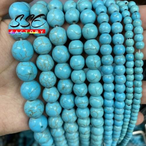 Blue Turquoises Beads Natural Stone Round Loose Beads 15"Strand 4 6 8 10 12MM For Jewelry Making DIY Bracelet Perles Accessories