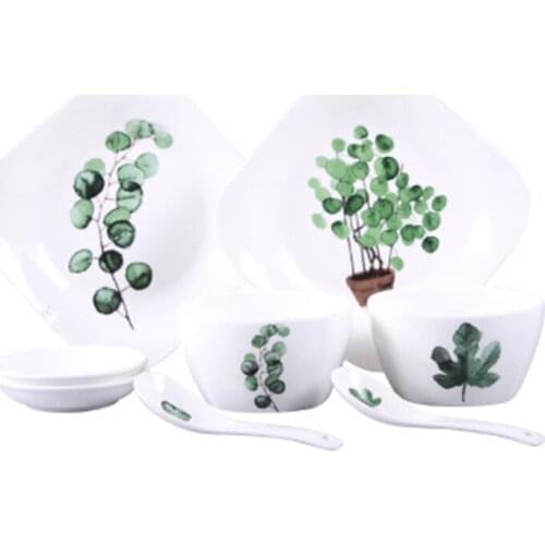 Ceramic Cutlery Set 8/16piece Nordic Creative Green Plant Plate Rice Bowl Household Salad Bowl Disc Spoon Combination Dinner Set