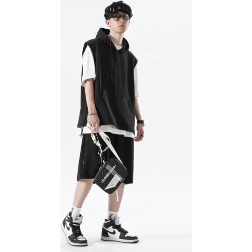 Summer Harajuku Waffle Set Men Suit Solid Hoodie and Short Workout Jogging Casual 2 Pieces Set Male Tracksuit Oversized Clothes