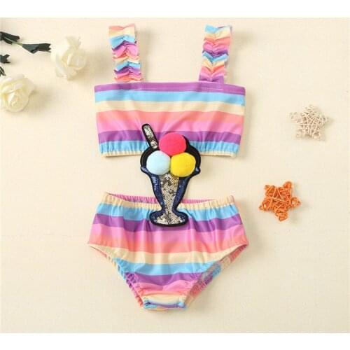 1-5Years Toddler Baby Girl Swimsuit Rainbow Striped Romper Sleeveless Vest Sling Beach Ruffle Cropped Clothes Summer Swimwear