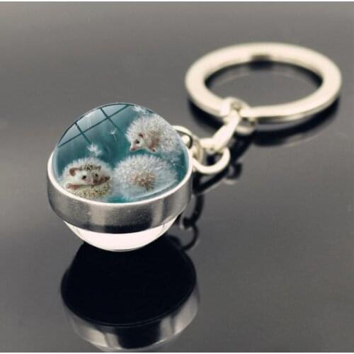 Cute Hedgehog Keychain Pendant Cabochon Time Jewel Glass Ball Metal Keychain Animation Cartoon Keyring Jewelry