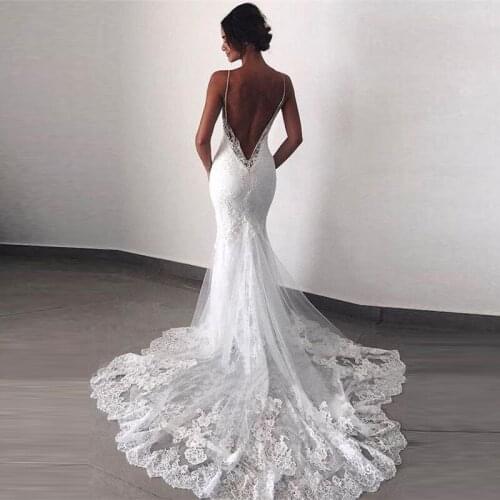 Wholesale Charming White Mermaid Lace Open Back Bridal Wedding Gowns Spaghetti Straps Appliqued Wedding Dresses for Bride 2021