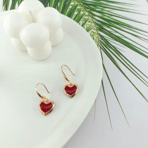Origin Summer French Romantic Red Enamel Heart Drop Earrings for Women Gold Color Alloy Love Dangle Earrings Fashion Jewelry