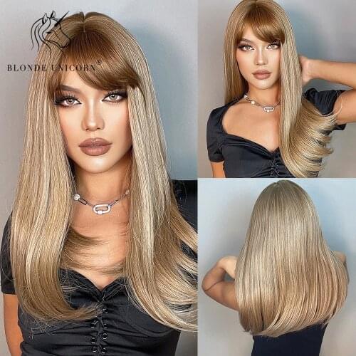 BLONDE UNICORN Medium Wavy Synthetic Hair Wigs Ombre White Blonde With Middle Part for Black / White Women Girl Party or Cosplay