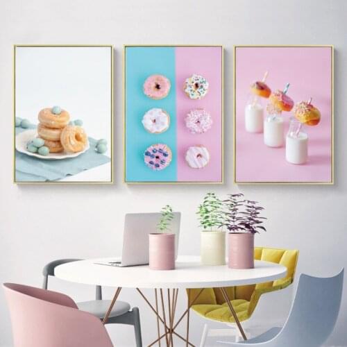 Delicious Dessert Poster Pink Blue Blueberry Cream Donut Milk Wall Art Canvas Painting Modular Pictures for Living Room