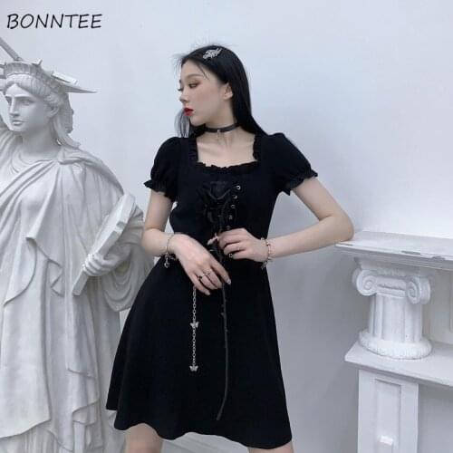 Dress Women Goth Sexy Black Harajuku High Waist Summer Mini A-line Solid Casual Cross Bandage Fashion Slim Club Wear Vestido Ins