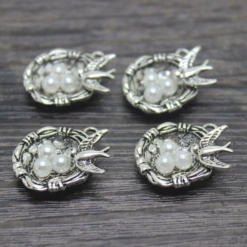 10pcs/ 25x20mm Antique Silver bronze Bird Nest Charms with 3 Pearl Like Beads