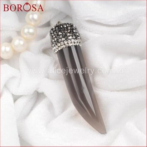 BOROSA Elephants Tusk Shape Gray Onyx Crystal Pandant Bead With Black Gun Zircon Pendant Bead for Necklace Making JAB095