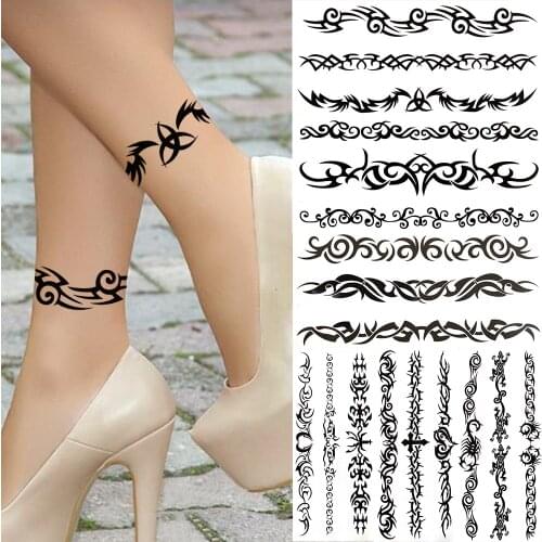Black Totem Tribal Temporary Tattoos For Women Men Adults Fake Henna Vine Tattoo Sticker Thorns Scorpion Transferable Tatoo Leg