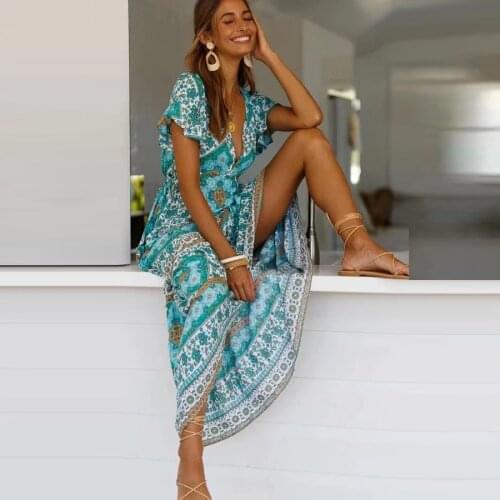 TEELYNN green floral print summer dresses 2020 Cotton deep v neck boho dress for women drawsting Bohemian beach dress vestidos
