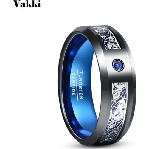 VAKKi 8mm Wide Tungsten Steel Ring Plating Black Inlay Triple Spiral Pattern+blue Zircon Mens Tungsten Carbide Ring