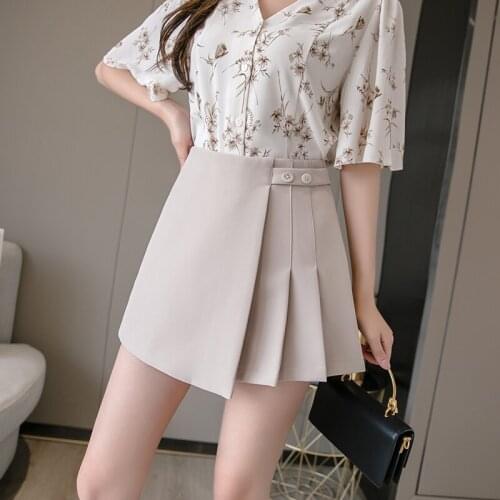 2021summer Casual pleated High Waist Wide Leg skirt pants Women Korean Brief Solid Leisure Shorts