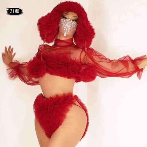 Women three piece Costume Christmas club sets lace mesh white red Sexy lantern sleeve Stage Party Outfits With Hood Coat pants