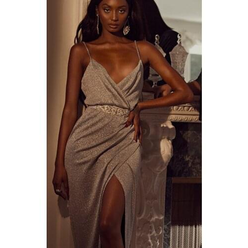 2019 New Sparkly Split Loose Summer Long Dress Women Spaghetti Strap Sleeveless Sexy Maxi Dress Backless Beach Party Dress Long