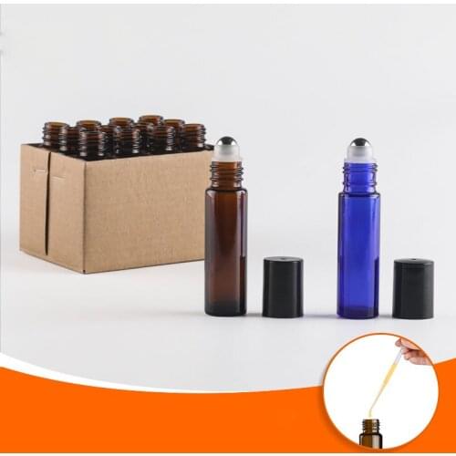 12pcs 5ML/10ML Brown/Blue glass roll on bottle for essential oils,refillable perfume containers with stainless steel roller balL