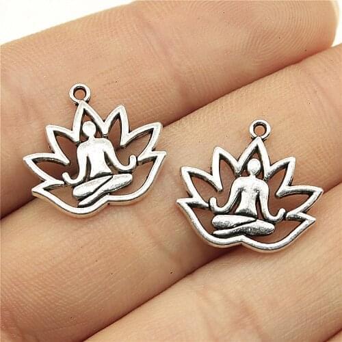 20pcs Charms Yoga Om Lotus Padmasana 16x18mm Antique Silver Color Pendants Making DIY Handmade Tibetan Finding Jewelry