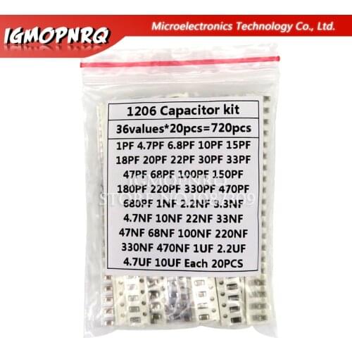 36Values 1pF-10uF Electronic Capacitor set 1206 SMD Ceramic Capacitor assortment kit 22PF 47PF 22NF 100NF 2.2UF 4.7UF Capacitors