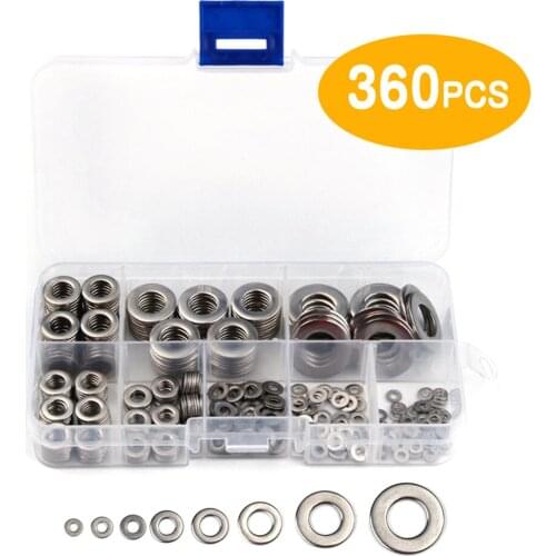 360pcs 8 Sizes Stainless Steel Flat Washers Assortment Set Kit with Storage Box Portable(M2 M2.5 M 3 M 4 M5 M6 M 8 M 10)