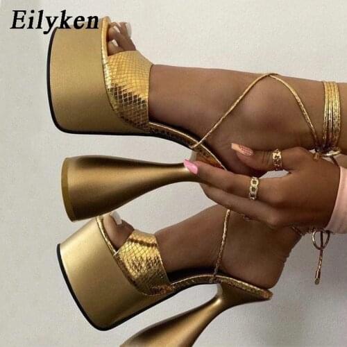 Eilyken Snake Print Golden Lace-up Sandals Fashion Club Weird Wind Strange Style High heel Platform Sandals Party Female Shoes