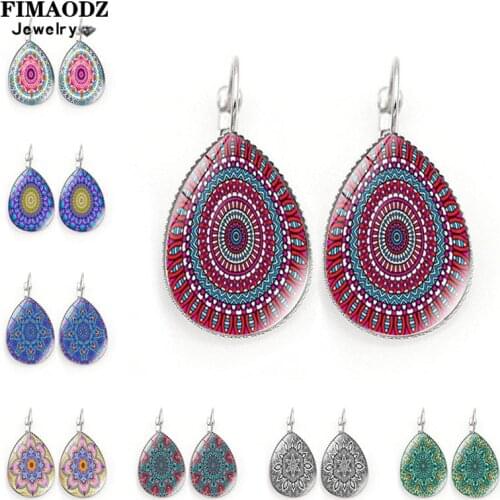 FIMAODZ Lotus Mandala Earrings Vintage Flower Henna Yoga Om Symbol Zen Buddhism Glass Crystal Drop Earring for Women Girl