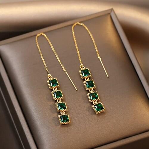 Korea Hot Selling Fashion Jewelry Exquisite Copper Inlaid Zircon Green Square Earrings Elegant Womens Wedding Accessories