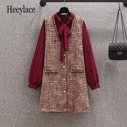 Plus Size French Vintage Fragrance Suits Autumn Red Long Sleeve Bow Collar Blouse And Tweed Vest Dresses Two Pieces Sets 4XL Set