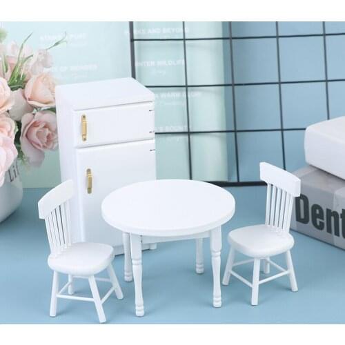 4Pcs/set 1:12 Dollhouse Miniature Wooden Furniture Refrigerator Table Chairs Pretend Play Toy