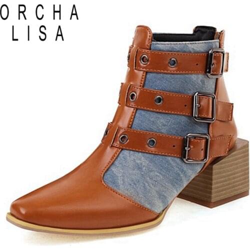 ORCHALISA 2021 Designer Brand Ankle Boots for Women Mixed Color Pointed Toe Square Mid Heel Buckles Zipper Buckles 48 S2448