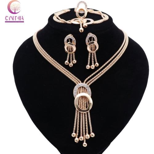 Fashion New Tassel Jewelry Sets Necklace Earrings Bracelet Ring Dubai Gold color Crystal African Beads Jewelry Sets