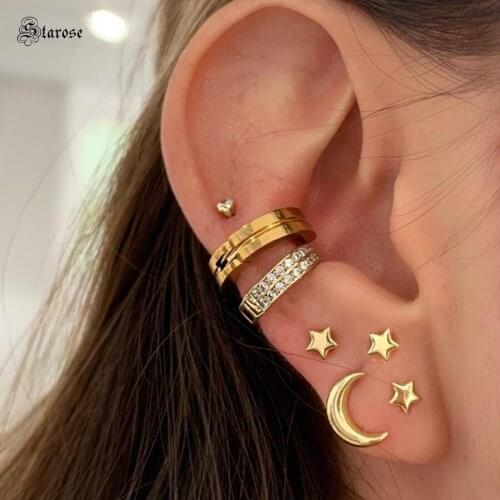 Starose 7pcs Crystal Star Ear Piercing Moon Helix Piercing Tragus Stud Earrings Set Fake Earrings Cuff Fake Piercing Ear Jewelry